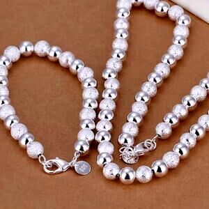 925 Silver Plated Pearl Ball Necklace Bracelet Set Valentines Birthday Vtg Gift